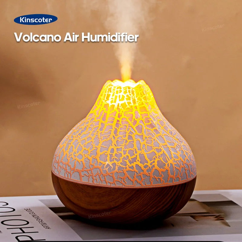 Volcano desktop air humidifier releasing mist with LED mood lights