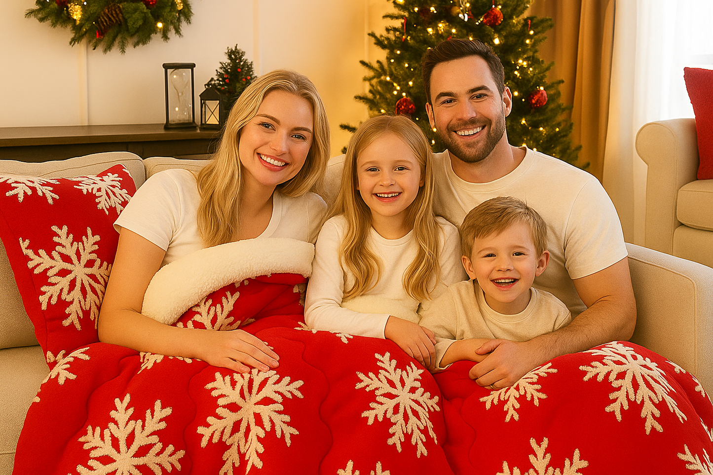 SnowHug soft winter blanket with snowflake design on sofa