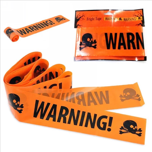 Realistic Halloween skull prop with yellow warning tape set