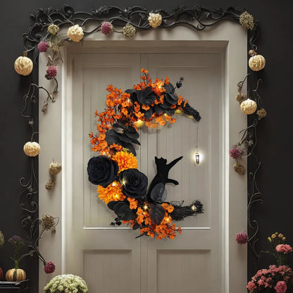 SpookyMoon™ – Black Cat Halloween Wreath for Front Door & Window