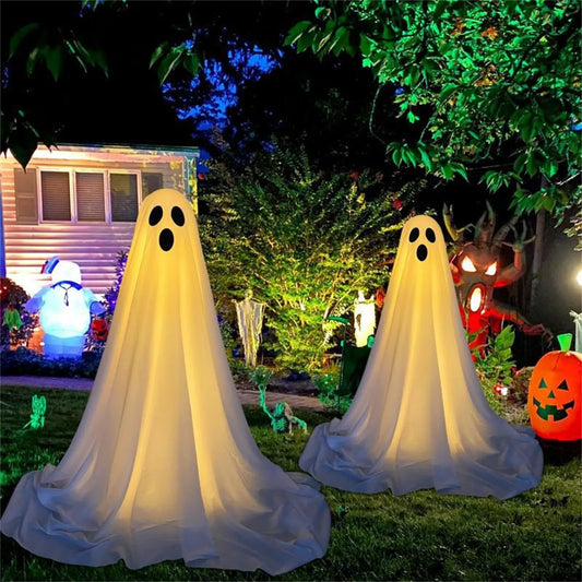 GhostlyGreeter™ Halloween standing ghost decoration with glowing lights on porch