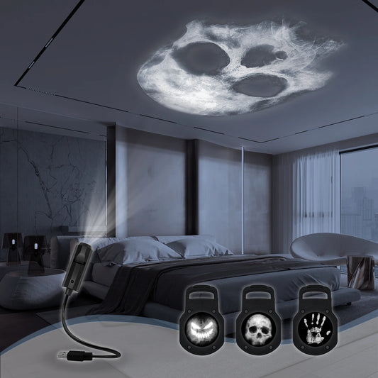 SkullGlow LED projection lamp with glowing skull patterns for Halloween decor