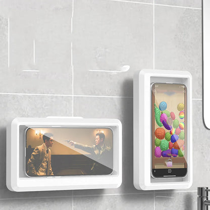 HydroView waterproof bathroom phone holder with clear touch screen mounted on shower wall.