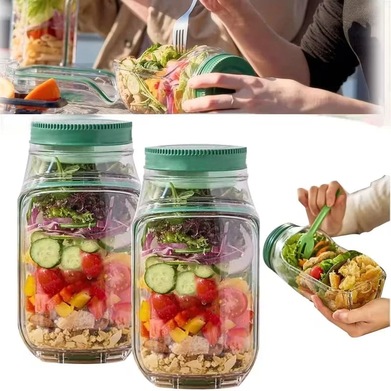 Layered portable salad jar with fresh vegetables inside, placed on a wooden board with greens and kitchen ingredients around.