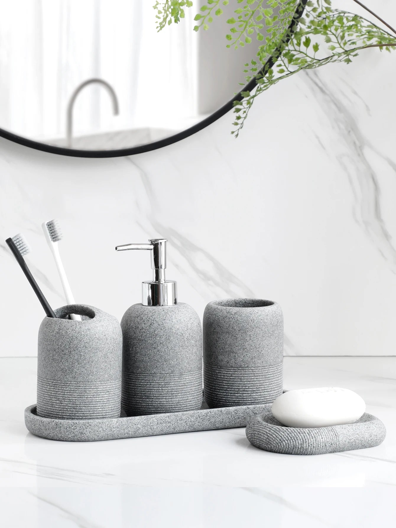 SerenityStone™ – 5-Piece Bathroom Accessory Set in Beige & Grey
