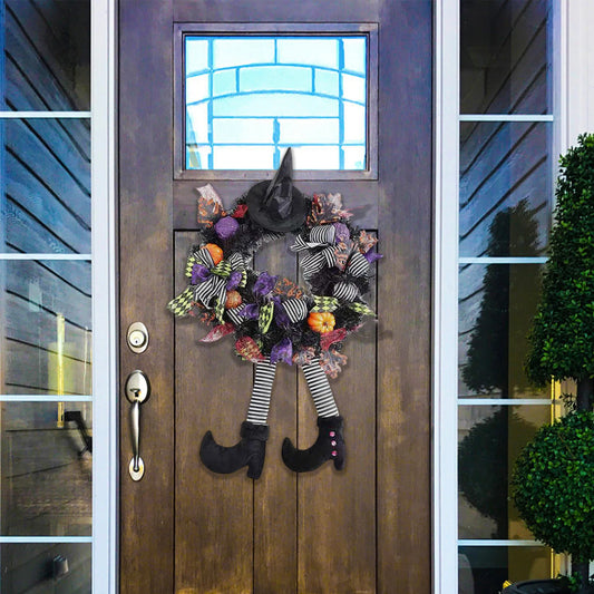 Long-legged witch Halloween wreath for front door with spooky hat and broom