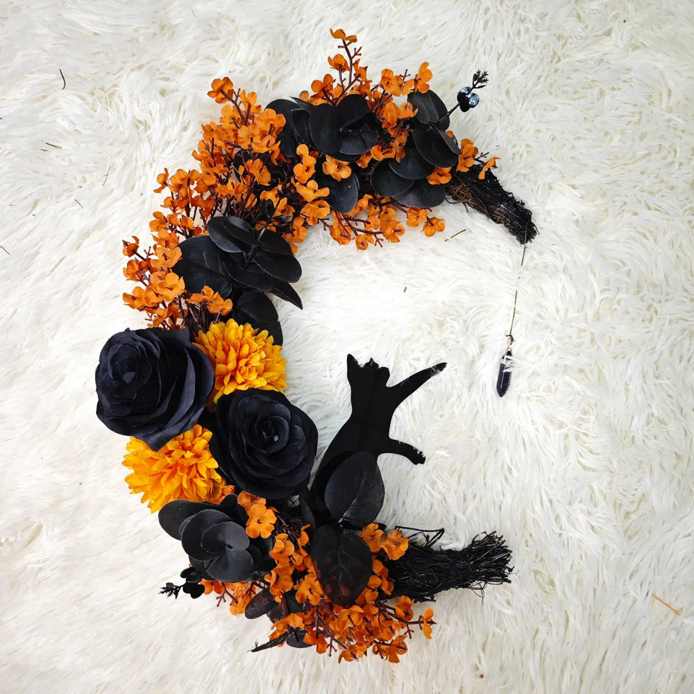 SpookyMoon™ – Black Cat Halloween Wreath for Front Door & Window