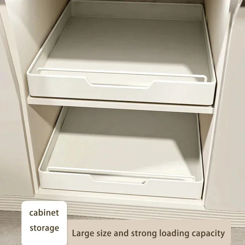 CabinetEase sliding storage tray for kitchen cabinets and bathroom organisation.