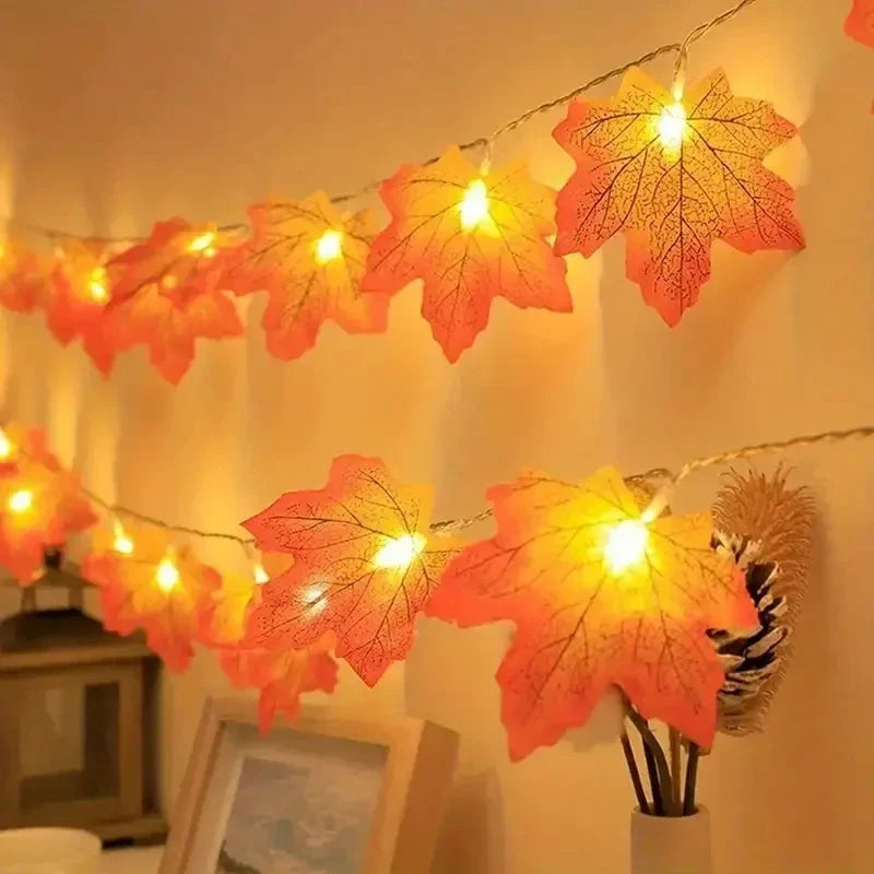 AutumnGlow Maple Leaf LED String Lights glowing in cosy autumn décor