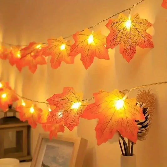 AutumnGlow Maple Leaf LED String Lights glowing in cosy autumn décor