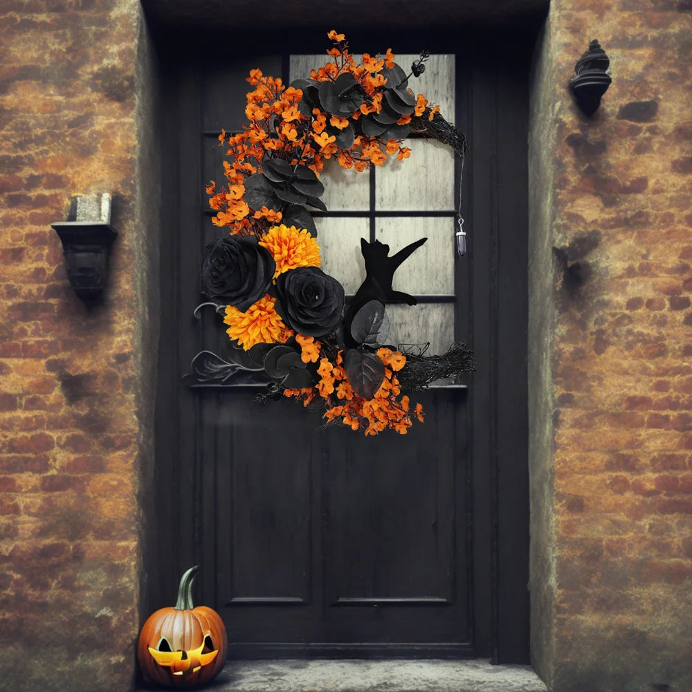 SpookyMoon™ – Black Cat Halloween Wreath for Front Door & Window