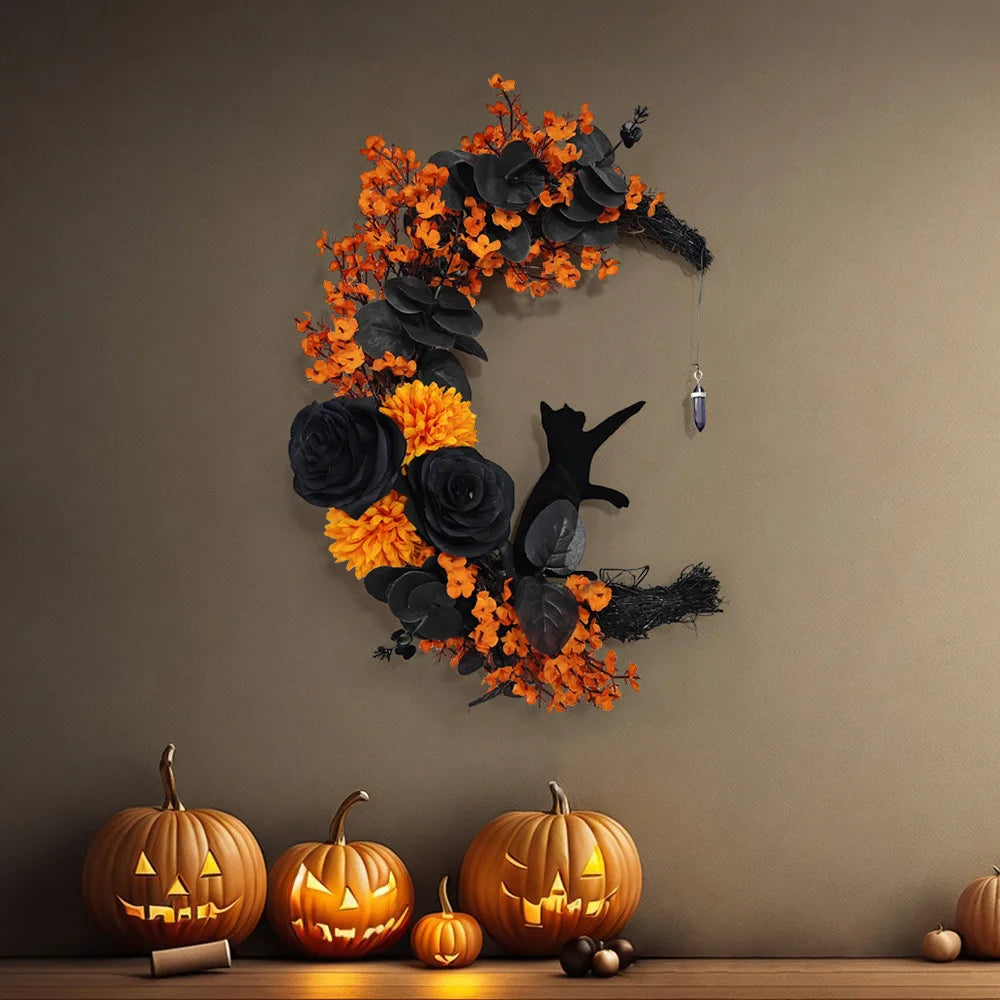 SpookyMoon™ – Black Cat Halloween Wreath for Front Door & Window