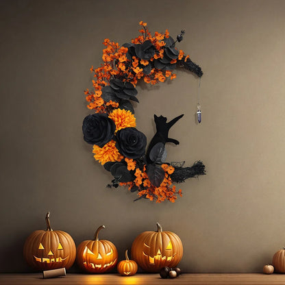 SpookyMoon™ – Black Cat Halloween Wreath for Front Door & Window