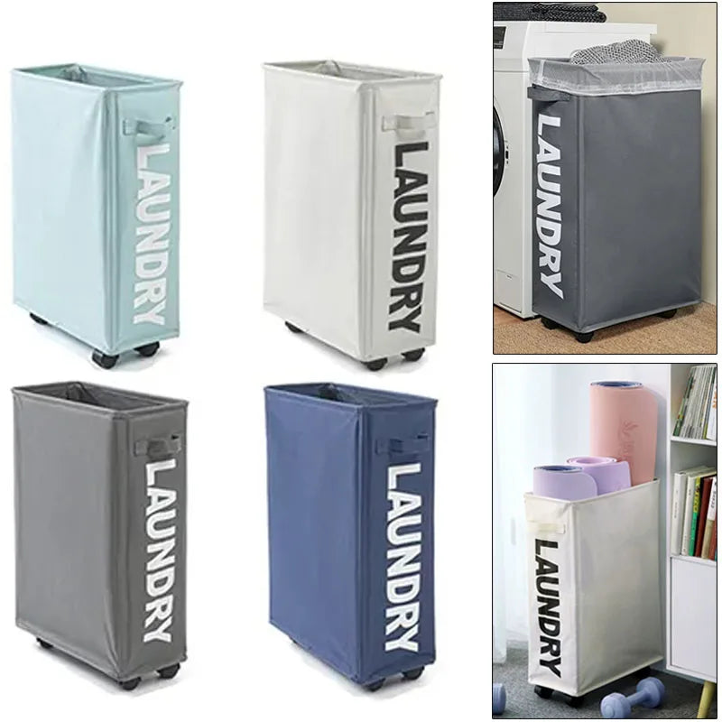 FlexiTote foldable laundry and storage basket with wheels in modern home setting.