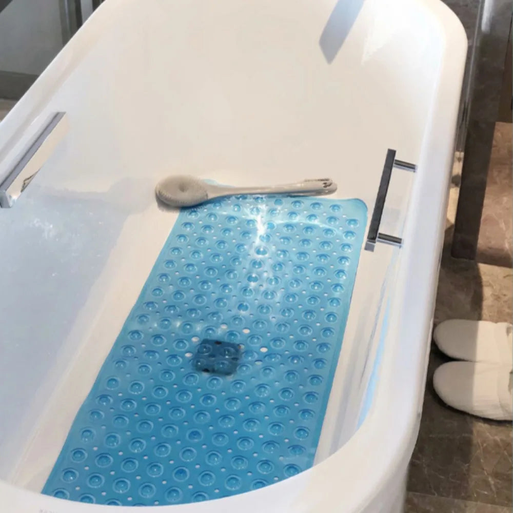 AquaShield anti-slip shower mat with geometric design and suction cups.