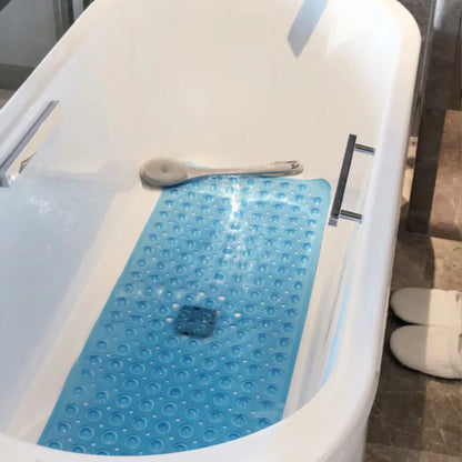 AquaShield anti-slip shower mat with geometric design and suction cups.