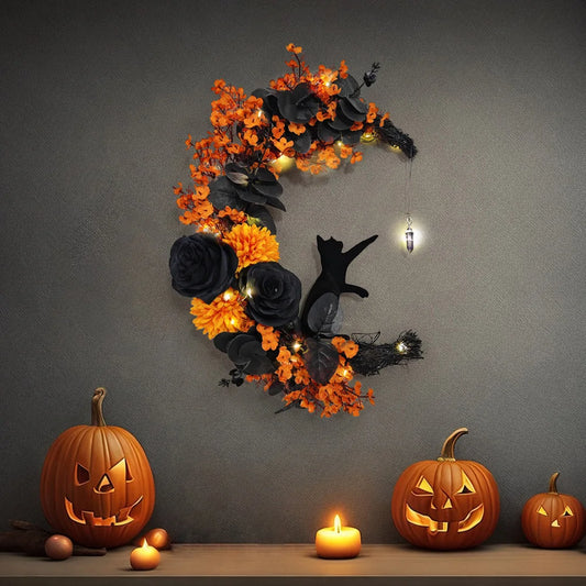 Black Cat Halloween Wreath with LED lights – SpookyMoon™ front door decoration