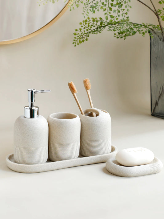 SerenityStone™ – 5-Piece Bathroom Accessory Set in Beige & Grey